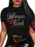 Woman of Faith Shirts "Proverbs 31:30" Christian Rhinestone Bling Women Black Short T-Shirt